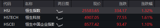 恒指高开1.3%，恒生科技指数涨1.6%